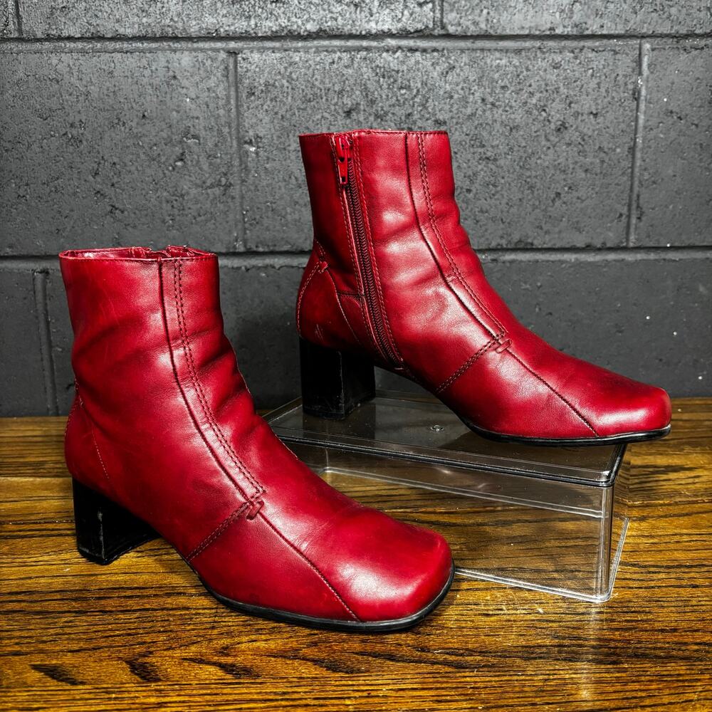 Vintage Studio Works Red Leather Ankle Boots Square Toe Y2K Mod Women’s 8